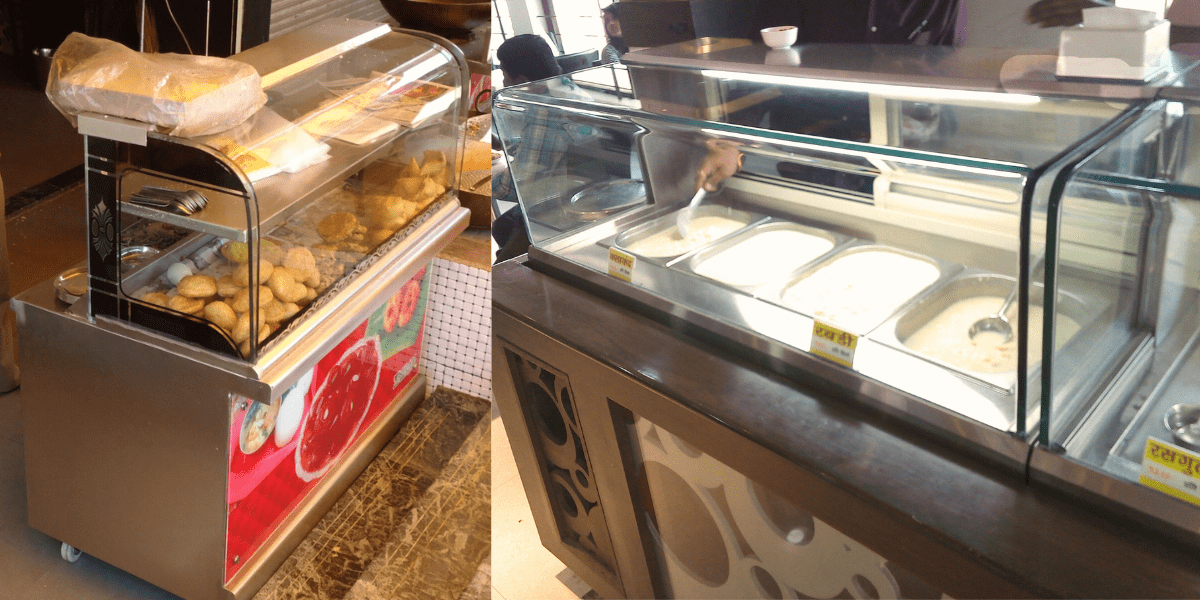 It is an SS-Korean bain marie and display counter that is used to display fast food items, hot and cold sweets, and desserts.