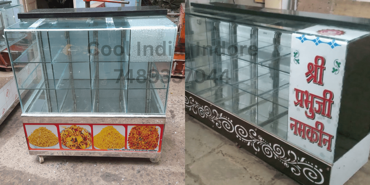 It is an SS glass Namkeen display counter with acrylic and Korean design with SS locker drawers in sizes 3, 4, 5, and 6 feet.