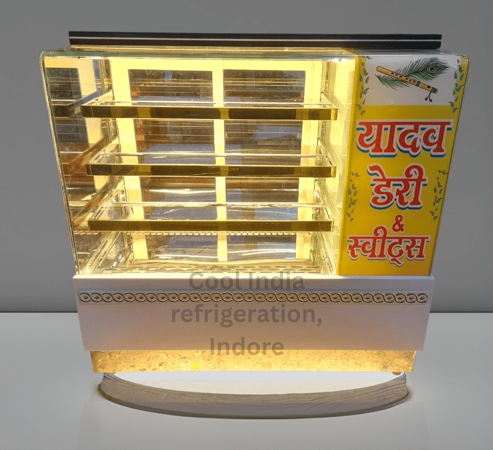 It is a display counter made of SS, Korean, and glass i.e used to showcase cakes, pastries, sweets in bakeries, sweet shops.