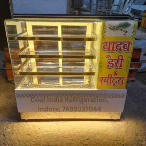 It is a Korean display counter with warm white light and drawers to display cakes and bakery products in bakery, cafe, hotel.